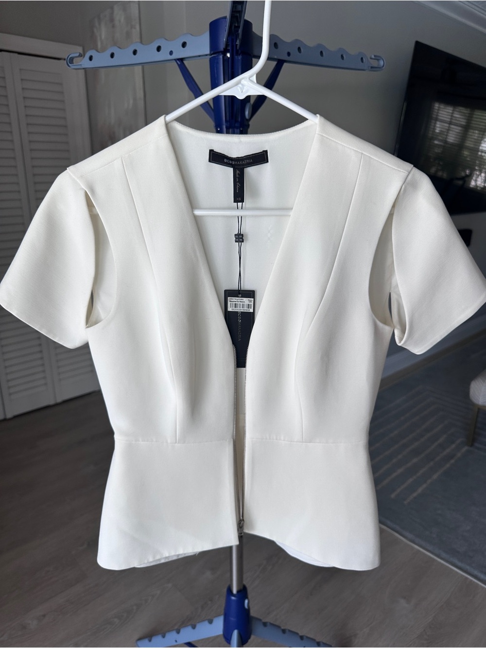 NWT - BCBGMAXAZRIA Haven Zip-Front Shoulder Cut-Out Peplum Top